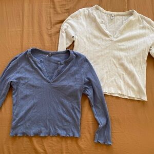 Set of 2 Cou Cou pointelle henleys in periwinkle and creamy white